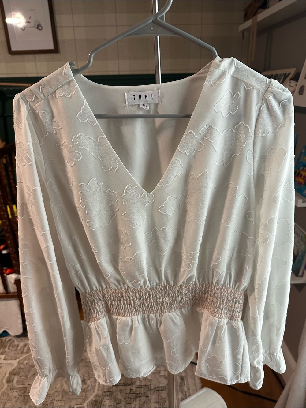 THML Cream Textured Floral V-Neck Smocked Waist Long Sleeve Dress